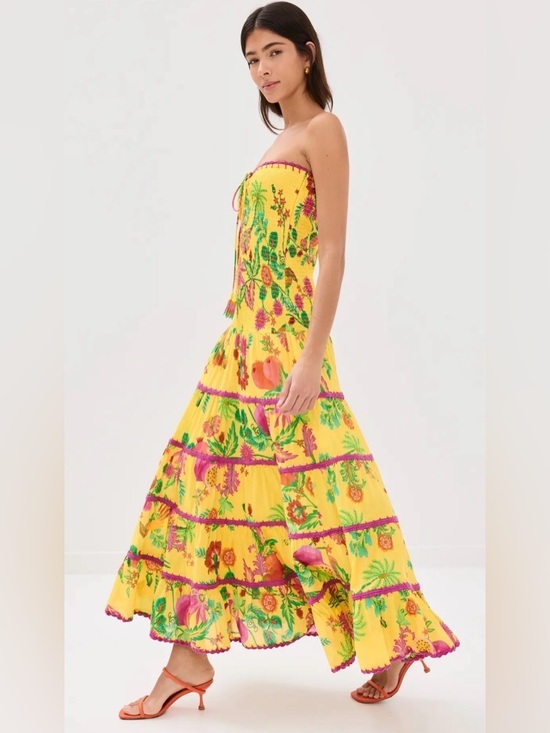 Farm Rio Delicate Fruit Garden Smocked Maxi Dress Size L Boho Vacation - Picture 3 of 10